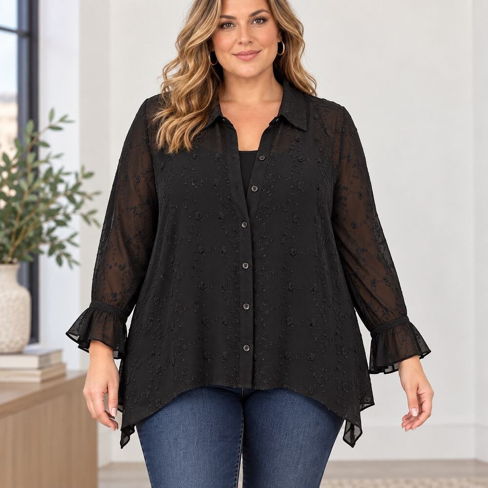 GNW Black Floral Embroidery Flutter Cuff Sheer Blouse High-Low Hem Sz3X BohoChic